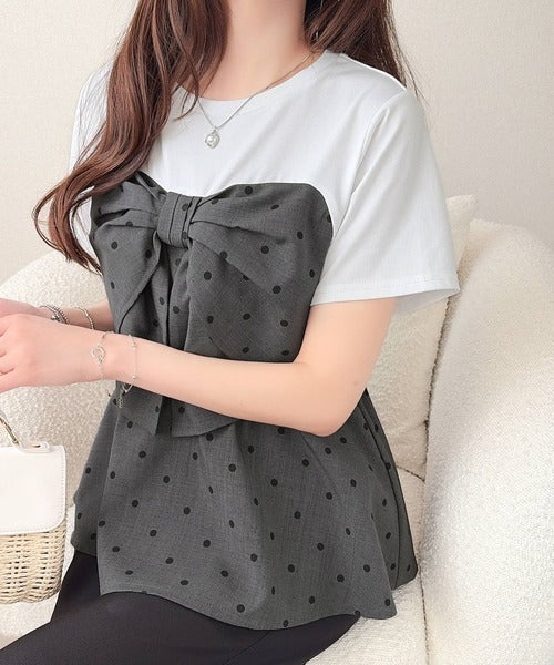 【mily bilet】一枚でサマになる。 フロントリボン布帛コンビ半袖Tシャツ mi1269018