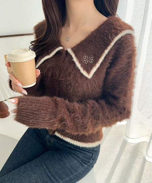 【mily bilet】セーラーカラーが可愛い。ロゴ刺繍ビッグセーラーシャギーニットカーディガン mi1029146
