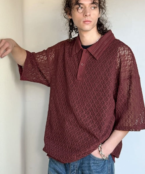 「透け感、モードの余韻。」衿ダブルライン使いレース柄ニットポロシャツ/Lace Detail Knit Polo Shirt co1010010