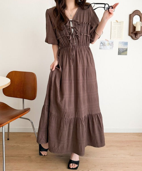 【mily bilet】1枚で華やぐ♪揺れ感シアーフリルリボンプリーツロングワンピース mi1019134