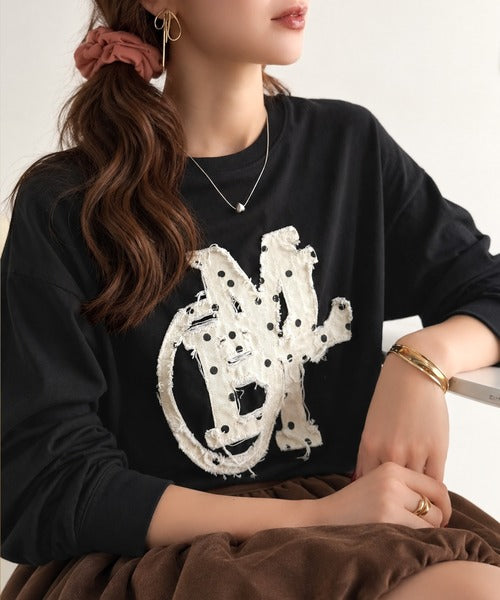 【mily bilet】"秋もこの子と一緒♪"ヴィンテージライクな存在感。ドットデニムフリンジワッペン使いロンT(長袖) mi1329133