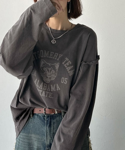 レディなヴィンテージスタイル。綿100％カレッジピグメント袖フリルTシャツ ce1020221