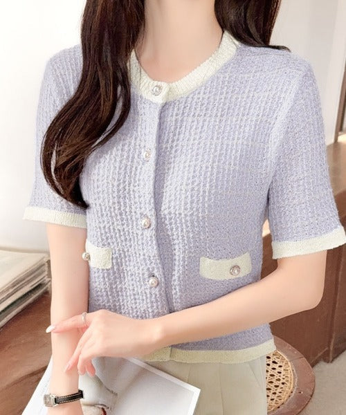 【mily bilet】さりげない華やぎで品よく可愛い♪パール釦ツイード編みロゴプレート付ニットカーディガン（半袖） mi1359057