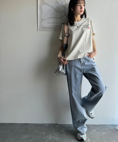 【sustaina+】アートのように刺繍が映える。オーガニックコットン100%らくがき風刺繍 無地＆ボーダー柄半袖Tシャツ ce1260396
