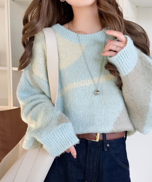 【mily bilet】きゅんモテニット♪柔らかな配色を、ふんわり軽やかに。ニュアンス柄短丈ニットプルオーバー mi1029208