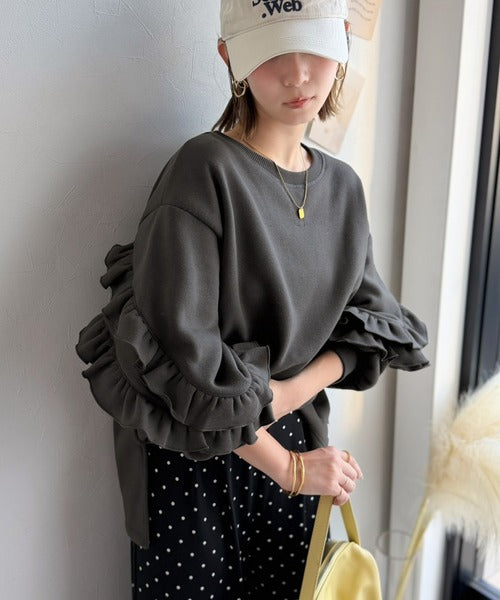 《JaVaジャバコラボ》6色展開♪スウェット界の甘さ革命!!!着心地あったか！袖2段フリル裏起毛オーバーサイズスウェット jv1010683