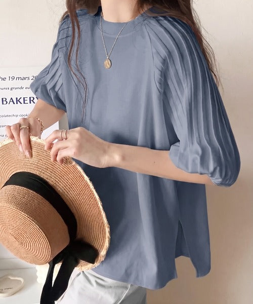 カジュアルな中にも上品さを。綿100%　袖山タックラグラン半袖Tシャツ ce1300007