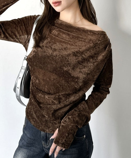 【mily bilet】一歩先のオシャレにアップデート！クラッシュベロアワンオフショルドレーププルオーバー（サムホール付き） mi1269007