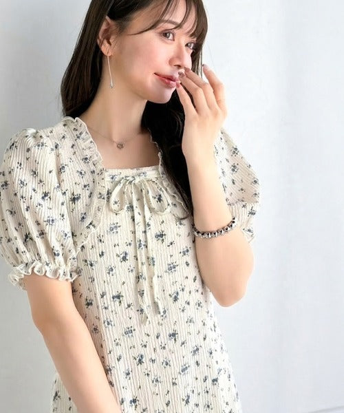 【mily bilet】ボレロ見えレイヤードでスタイルアップ。リボン付き パフスリーブドッキングワンピース (ロング丈) mi1019131