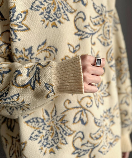 【classical origin】視線を奪う、ジャガード花柄ニット／Jacquard Floral Knit Sweater ao1020311