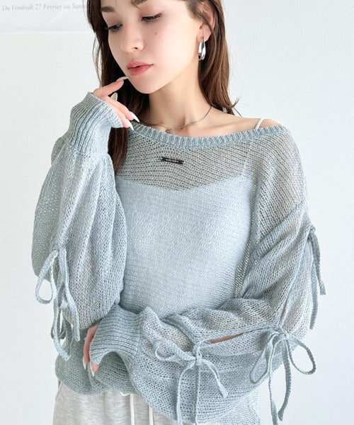 【mily bilet】大人のきらめき。プレートデザイン透かし編み袖リボンラメニット(ワンオフショル2way) mi1259009