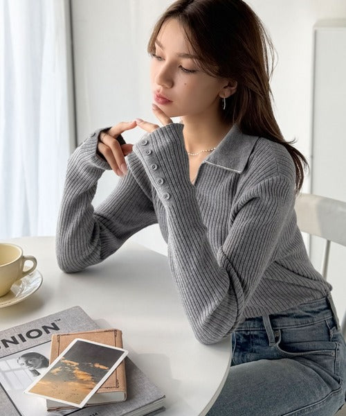フィット感のあるスタイリッシュシルエット！配色ラインデザイン衿付きリブニット ce1020276