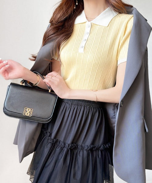 【mily bilet】オン・オフ使えて、春夏コーデにピッタリ。金縁ボタン使いバイカラーリブポロニット(半袖) mi1029197