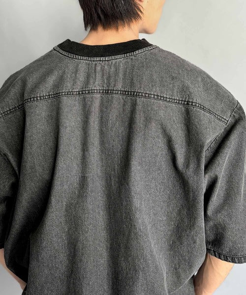 《JaVaジャバコラボ》綿100％ヴィンテージ加工アウターデニムTシャツ jo1010007