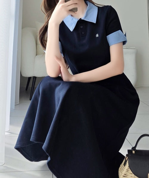 【mily bilet】パネルラインが描く美シルエット。ハーフスリーブポロワンピース (ロング丈) mi1329100