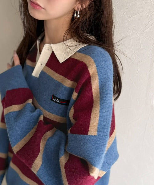 《JaVaジャバコラボ》1枚で洗練された大人の余裕を演出。配色ボーダー柄ポロ襟スウェットライクニット（長袖） jo1250006