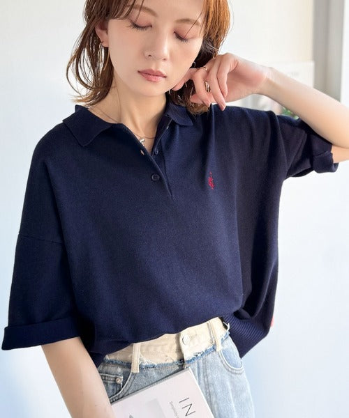 抜け感のあるゆったりシルエット。胸刺繍で上品さをプラス♪胸刺繍ルーズポロニットプルオーバー(半袖) ce1240115