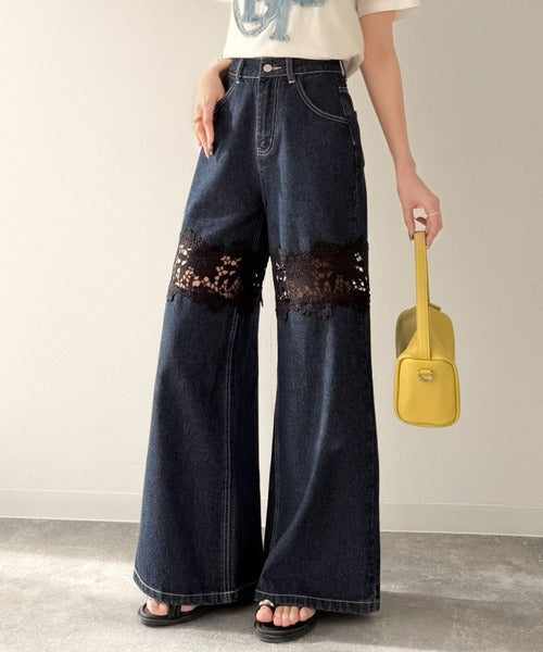 【mily bilet】特別な個性を持つオンリーワンの仕上がり！花柄レースワイドデニムパンツ mi1139076