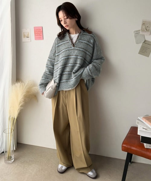 メンズライクに女子っぽさを。胸刺繍ブークレ配色ボーダーニットポロ（長袖） ce1240142