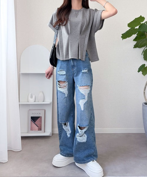 【mily bilet】ウエストラインを細魅せ♪スリット入りタックデザインカットソートップス（半袖） mi1329074