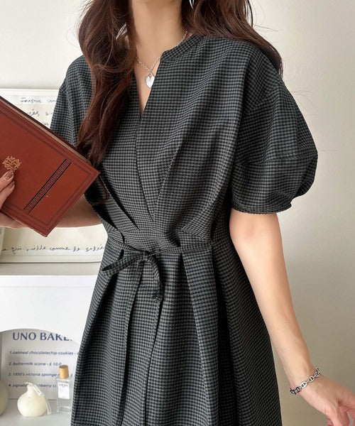 【UVカット・防シワ・吸水速乾機能付き】涼しさも美しさも、さらっと叶える。サッカーランタンスリーブステッチタックワンピース（無地・チェック柄） ce1265039