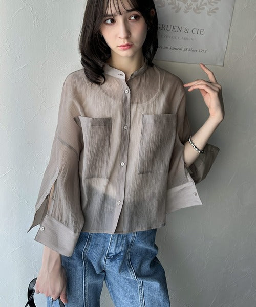 ゆるっと大人の余裕。ワイドハーフスリーブシアーバンドカラーショートシャツ（半袖） ce1110098
