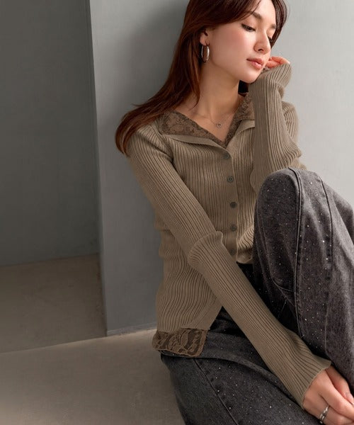 【mily bilet】顔周り、可愛く盛れちゃう！レースドッキング ランダムリブニット トップス(長袖） mi1359074
