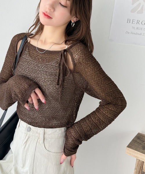 【mily bilet】大人かわいい肌見せを叶える。プレートデザイン前後2WAYメッシュ編み肩リボンニットプルオーバー（長袖） mi1259014