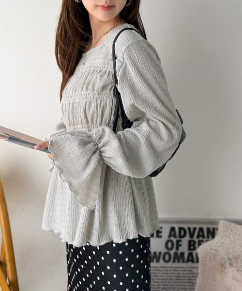 その袖、視線をさらいます。キャンディスリーブシャーリングデザインジャガードトップス（長袖） ce1010686