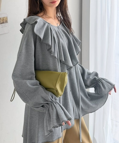 ひと目で恋する、主役級フリル。ワッフルフリルリボンキャンディスリーブカーディガントップス ce1240147