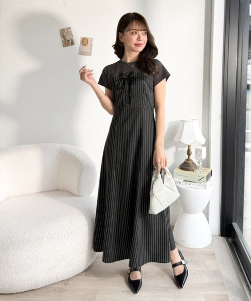 【mily bilet】こなれ感抜群の最旬レイヤード。Tシャツレイヤード風 ストライプドッキング フレアワンピース (ロング丈) mi1019129