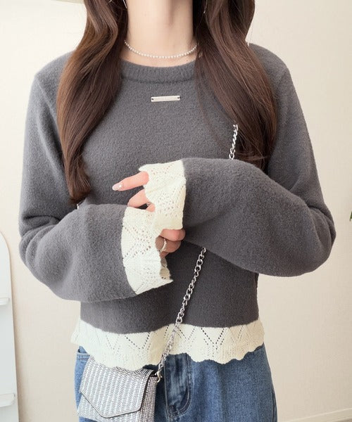 【mily bilet】裾レースとパールが、大人の甘さを引き立てる。前後2way配色ニットレースカーディガン mi1029195