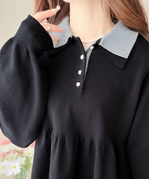【mily bilet】衿でときめき、裾で華やぐ。パール調ボタン配色ダブルカラーペプラムニット（長袖） mi1359072