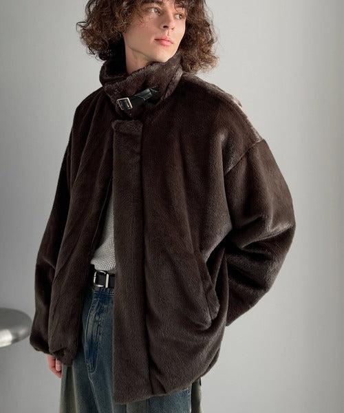 【Classical Origin】「3wayアレンジ可能。」ベルト襟フェイクファー素材ジャケット／Belted Collar Faux Fur Jacket co1150080