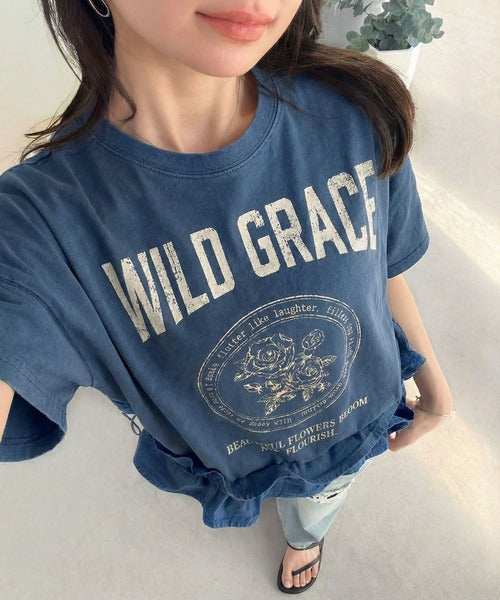 【mily bilet】甘辛バランスが叶う！綿100％ゆるシルエット裾ドロストフリルプリントTシャツ mi1329075