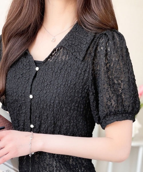 【mily bilet】甘さを抑えた花柄で、品よく着映える。総花柄衿付きパフ袖×パール釦カーディガン(半袖) mi1359058