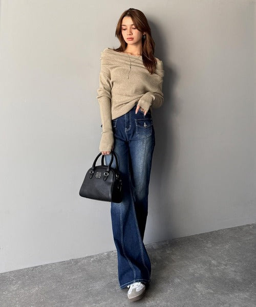 【mily bilet】立体的なシルエットが叶えるデコルテ魅せ♪指穴ドレープ使いファンオフショル２WAYリブニット mi1029137