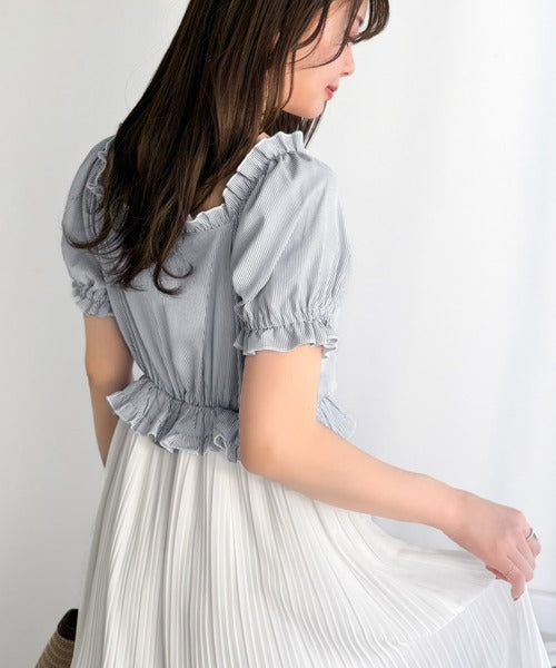 【mily bilet】1枚2役♪レイヤード風の着こなしが完成。2Wayパフスリーブブラウス×プリーツスカートドッキングワンピース (ロング丈) mi1139109