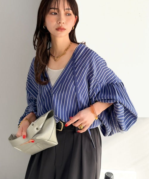 【Classical Evon】着回せる、大人の遊び心。前後2waドビーストライプブラウス ev1070224