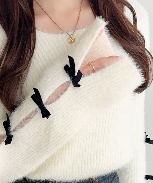 【mily bilet】品よく可愛い♪ふんわり愛されニット。甘さと抜け感が◎袖リボン使いフェザーシャギーリブニット mi1029132
