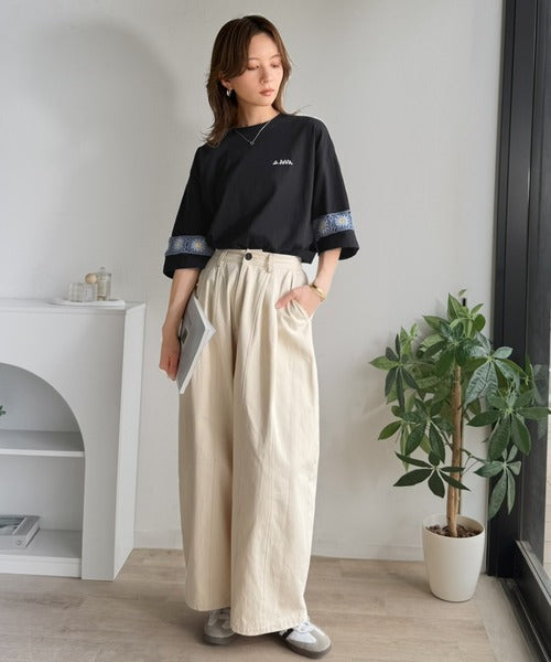 《JaVaジャバコラボ》袖先に遊びと清涼感を。袖クロシェ編み 配色切り替えデザインTシャツ jo1150094