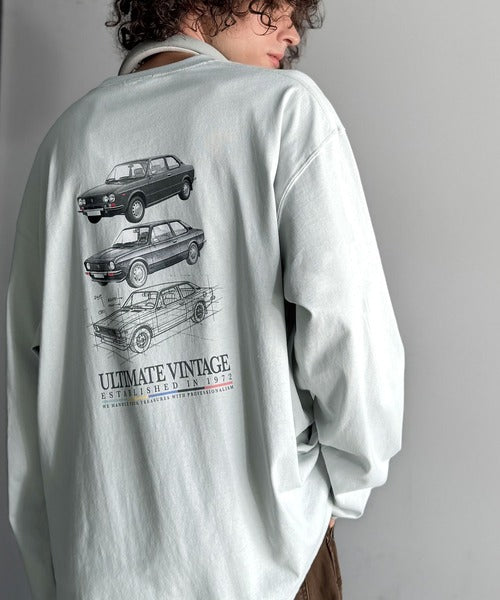 《JaVaジャバコラボ》ヴィンテージ感漂う綿100%クラシックカーグラフィックTシャツ（長袖） jo1150067