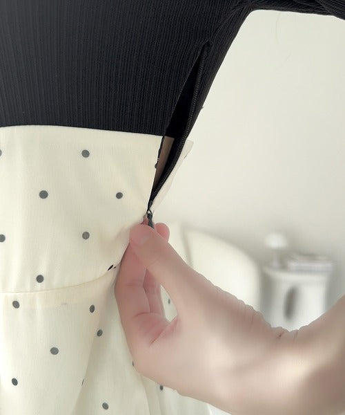 【mily bilet】待望の半袖ver.登場！ドット柄配色切り替えドッキングワンピース（ロング丈） mi1139108