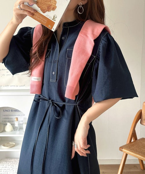 【防シワ機能付き】主役級！さらりと着られるシンプル派のためのノーカラー袖ボリューム ダブルポケットワンピース ce1265052