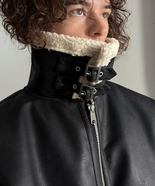 【Classical Origin】「ずっしりかっこいい。」2way襟ボア切り替えフェイクレザージャケット／2way Boa Collar Faux Leather Jacket co1150081