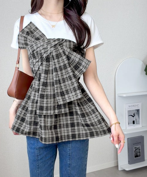 【mily bilet】忙しい朝も悩まない、初夏の一軍トップス。リボンビスチェドッキングTシャツ (半袖) mi1019145
