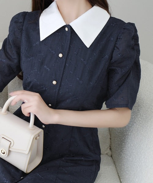 【mily bilet】おしゃれと高級感の絶妙なバランス。花刺繍ガーゼレトロシャツワンピース mi1139086