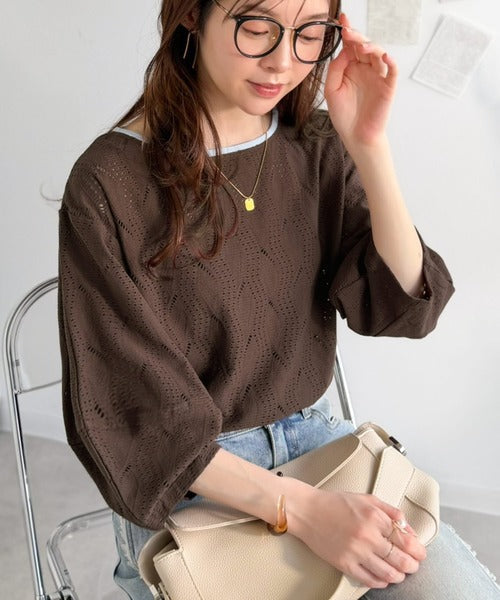さりげない配色で、一枚でサマになる。配色7分袖ジャガードトップス ce1050377
