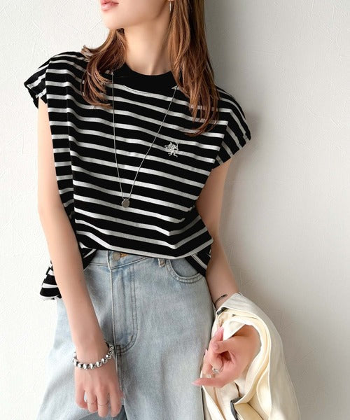 大人女子の上品ベーシック。綿100％シルケットモックネックフレンチTシャツ(刺繍) ce1260395
