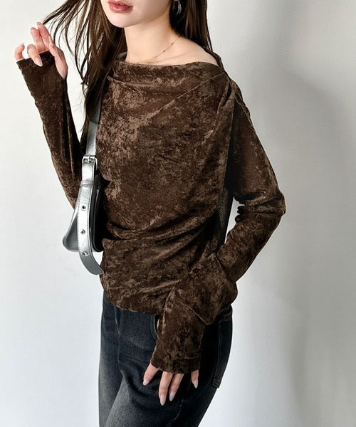 【mily bilet】一歩先のオシャレにアップデート！クラッシュベロアワンオフショルドレーププルオーバー（サムホール付き） mi1269007